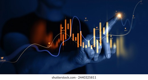 Trader analyzing data on virtual screen.Price graph and indicator. Stock market invest and crypto currency. Stock market and business investment.
