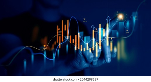 Trader analyzing data on virtual screen.Price graph and indicator. Stock market invest and crypto currency. Stock market and business investment.	

