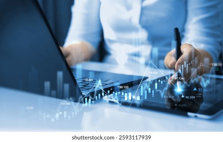 Trader analyzing data on virtual screen.Price graph and indicator. Stock market invest and crypto currency. Stock market and business investment.
