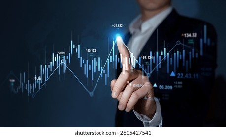 Trader analyzing data on virtual screen.Price graph and indicator. Stock market invest and crypto currency. Stock market and business investment.	
