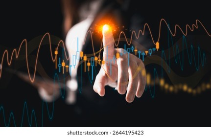 Trader analyzing data on virtual screen. Business strategy development and growing growth plan. risk management for business success, finance and investment. Finance, business, investment concept.