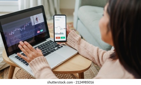 Trader Asian Woman Studying Crypto Blockchain Market Technology On Webinar Lesson - Focus On Keyboard