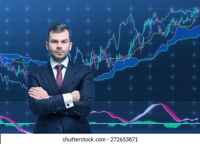 Trader And Forex Chart. A Concept Of Prosperous Portfolio Management Process.