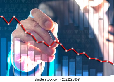 Trader is manipulation value of stock. He betting on a decline in stocks. Broker works with short positions. Shorting in investments. Declining line of stock next to investor. Fin stock manipulation - Powered by Shutterstock