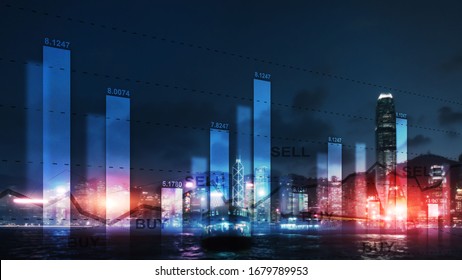 Trading buy and sell concept on futuristic modern city wallpaper.