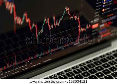 Trading chart displayed on the screen of the laptop. Stock market, trend line in a candlestick form.