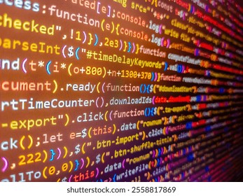Trading concept with financial chart. Code background. Shot of a screen of a trading platform. Coding programmer abstract background. Programming code. Software source code. Computer script.