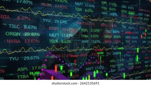 Trading console displaying market data in dark grid, with tickers, line graphs and candlestick bars. Technological, analytical, futuristic, financial, dynamic, illuminated, data-driven