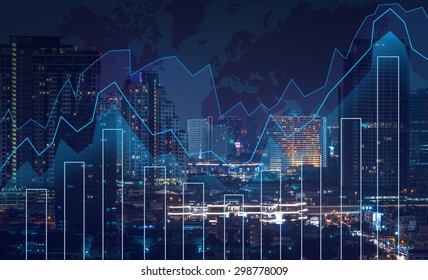 Trading graph on the cityscape at night and world map background,Business financial concept - Shutterstock ID 298778009