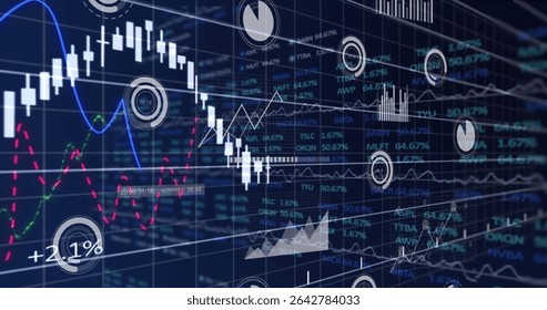 Trading interface displaying candlestick chart and dashed lines on screen, with percentage labels. Financial, analytics, visualization, digital, dashboard, data, technology - Powered by Shutterstock - Get 15% off with code: PIKWIZARD15