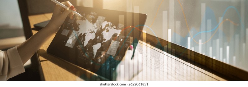 Trading and Market Analysis with Data Visualization on a Wide Banner, Business and Technology Concept.