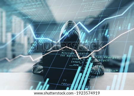 Trading security and spying concept with noface hacker using laptop an digital display with financial graphs and forex chart. Double exposure