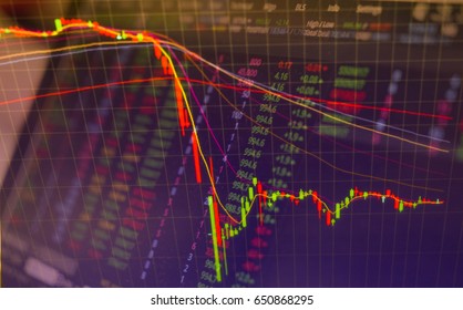 Trading Stock On Notebook. . Running Ticker In Red, Green, Blue, Pink And Yellow. Blur Focus As Background. Candle Stick Graph Of Stock Using Moving Average Indicator In Front. Investment Concept.