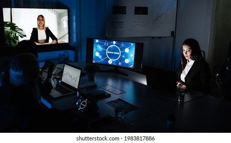 Trading teamwork meeting inside hedge fund office doing blockchain research - Business people doing video call while talking about financial strategies - Soft focus on right girl face - Powered by Shutterstock