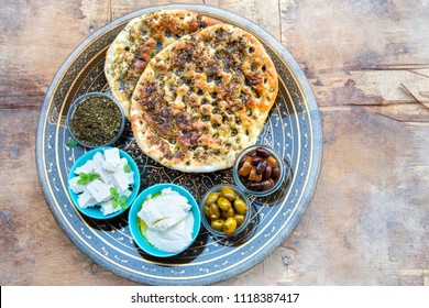 Tradition Arabic Bread - Pita With Zaatar Olives, And Labneh 