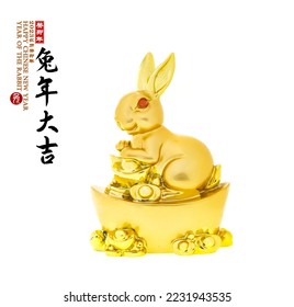 Tradition Chinese golden rabbit statue,Chinese characters translation: "good luck for year of the rabbit".leftside word and seal mean:Chinese calendar for the year. - Shutterstock ID 2231943535