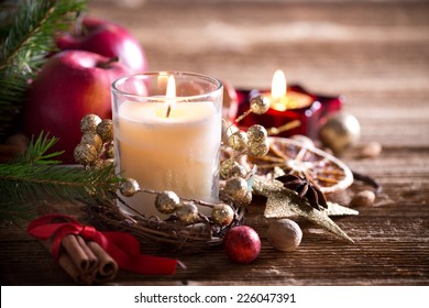 Tradition Christmas Decorations On Wooden Background