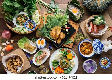 Tradition Northern Thai food. on a wooden table, top view - Shutterstock ID 761494021
