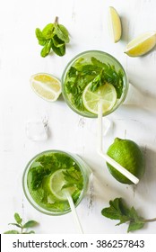 Tradition Summer Drink Mojito With Lime And Mint. Top View With Copy Space.