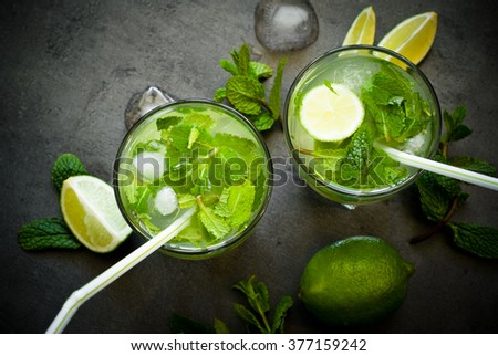 Tradition Summer drink mojito with lime and mint. Top view with copy space.