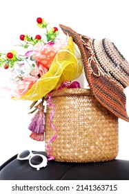 Tradition vintage thai style with woven basket and wide-brimmed straw hat