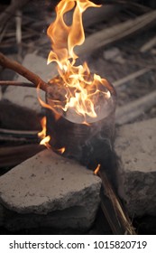 Traditional African Cashew Roasting - Old Can With Huge Flames