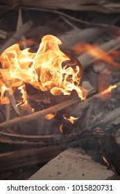 Traditional African Cashew Roasting - Old Can With Huge Flames