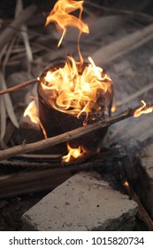 Traditional African Cashew Roasting - Old Can With Huge Flames