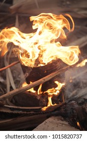 Traditional African Cashew Roasting - Old Can With Huge Flames