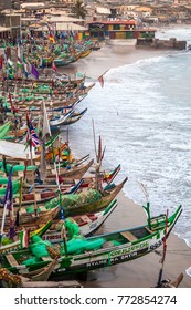 Traditional African Fishing Boats In Cape Coast, Ghana, West Africa