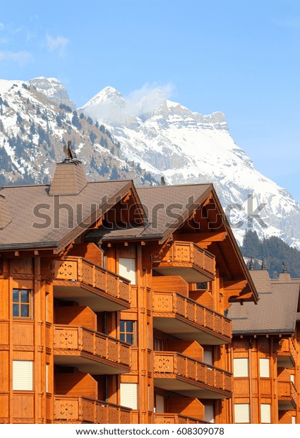 Traditional Alpine Cabins Mountains Swiss Alps Stock Image