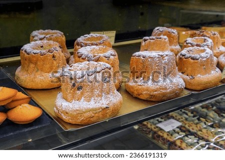 Traditional Alsace kugelhopf or gugelhupf cake at a French bakery in the old town of Grande Ile, the historic center of Strasbourg, Alsace, France