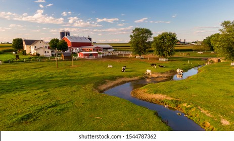 Traditional American Farm, Pennsylvania Countryside From The Air, Colorful Landscape With Pastures And Fields, Picturesque Homestead, Cattle Grazing On Meadow