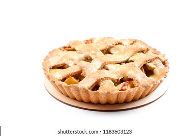 Traditional American Thanks Giving Lattice Pie Isolated On White Background. Homemade Fruit Tart Baked To Golden Crust. Close Up, Copy Space, Top View.