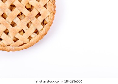 Traditional American Thanks Giving Lattice Pie Isolated On White Background. Homemade Fruit Tart Baked To Golden Crust. Close Up, Copy Space, Top View.