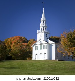 Traditional American White Church In The Fall 