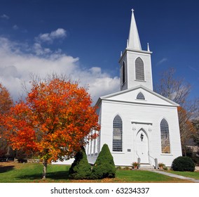 Traditional American White Church In The Fall