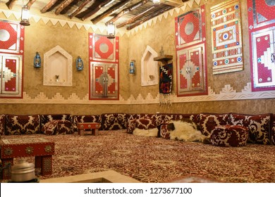 Traditional and ancient Arab mud house interior in Saudi Arabia. 