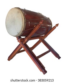 Traditional Ancient Asian Drum In Buddhism Temple On White Background.