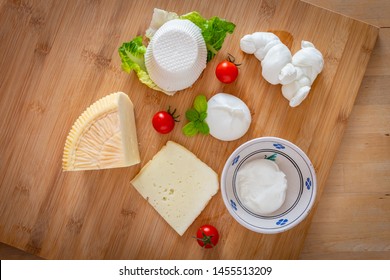 Traditional Apulian Cheeses Composition: Pecorino, Mozzarella, Ricotta, Burrata. Puglia, Italy