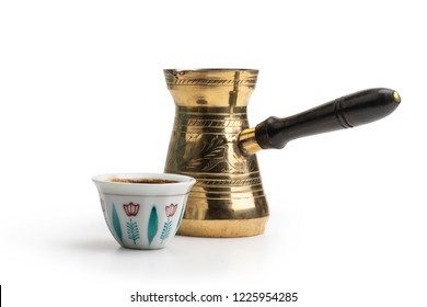 Traditional Arabic Coffee Mug And Coffee Cup, Turkish Coffee Isolated On White, Clipping Path Included
