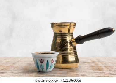 Traditional Arabic Coffee Mug And Coffee Cup, Turkish Coffee Isolated On White, Clipping Path Included
