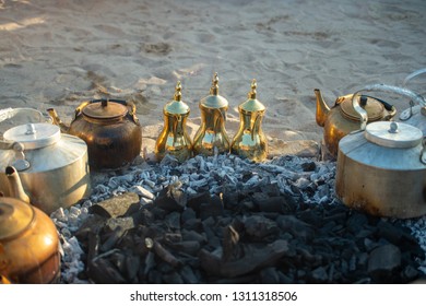 Traditional Arabic Coffee Pots On Charcoal, Doha, Qatar