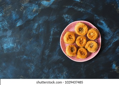 Traditional Arabic Sweets Baklava With Honey And Nuts.Top View, Copy Space