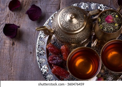 Traditional Arabic Tea Set And Dried Dates. 