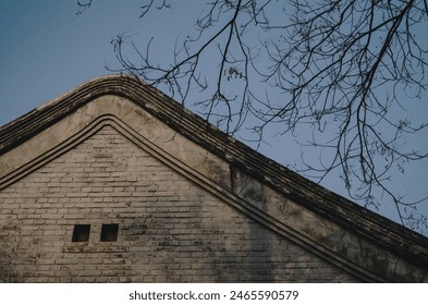 Traditional Architecture: Weathered Brick Wall and Bare Tree Branches - Powered by Shutterstock