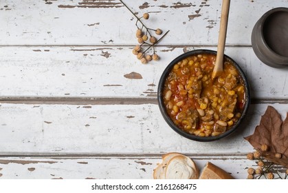 Traditional Argentine Locro. It Is A Hot, Nutritious Meal With Protein. Ideal For Cold Seasons. Locro With Beans, Corn, Pumpkin, Onion, Sausages, Red Sausages.