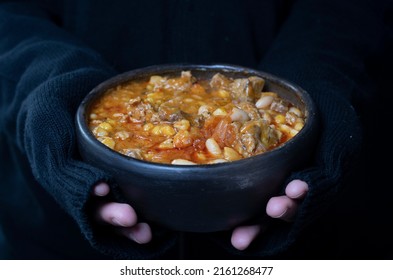 Traditional Argentine Locro. It Is A Hot, Nutritious Meal With Protein. Ideal For Cold Seasons. Locro With Beans, Corn, Pumpkin, Onion, Sausages, Red Sausages.