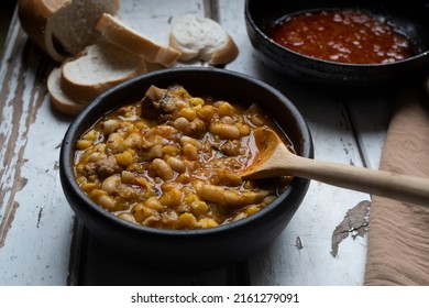 Traditional Argentine Locro. It Is A Hot, Nutritious Meal With Protein. Ideal For Cold Seasons. Locro With Beans, Corn, Pumpkin, Onion, Sausages, Red Sausages.