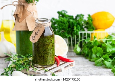 Traditional Argentinean Sauce Dip For Parsley And Cilantro Meat - Chimichurri